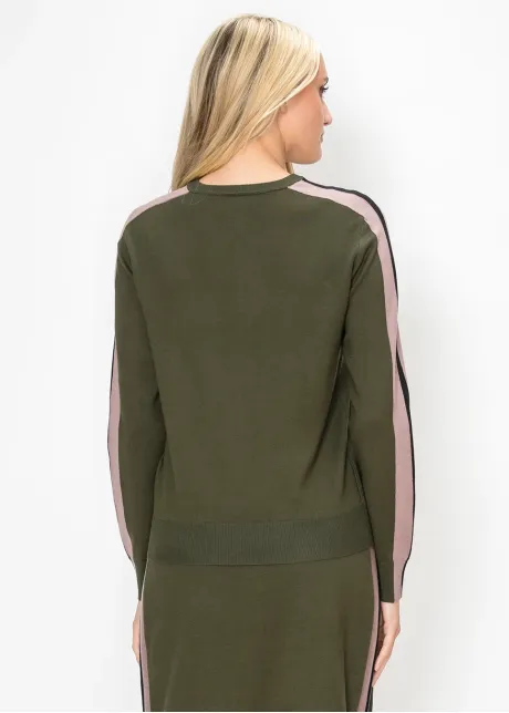Olive Sweater with Side Stripe Sleeves