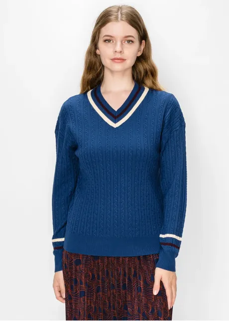 Navy Cable Knit Sweater with Cream Trim