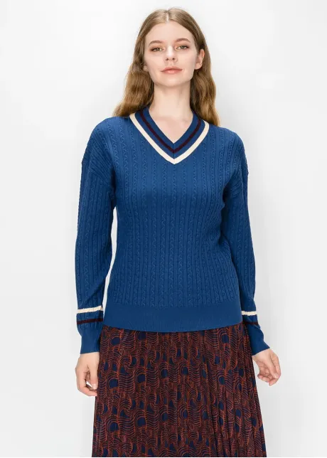 Navy Cable Knit Sweater with Cream Trim