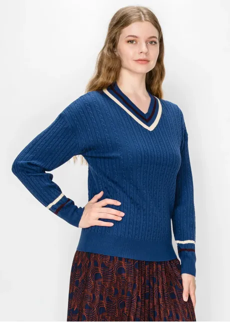 Navy Cable Knit Sweater with Cream Trim
