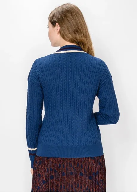 Navy Cable Knit Sweater with Cream Trim