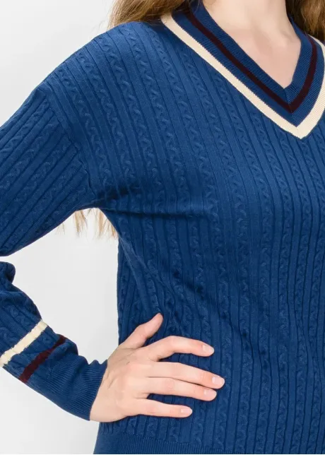 Navy Cable Knit Sweater with Cream Trim