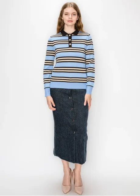 Striped Polo Sweater in Light Blue