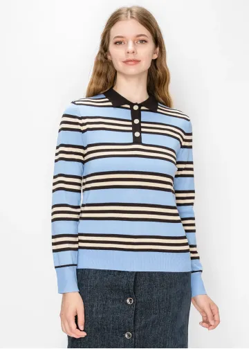 Striped Polo Sweater in Light Blue
