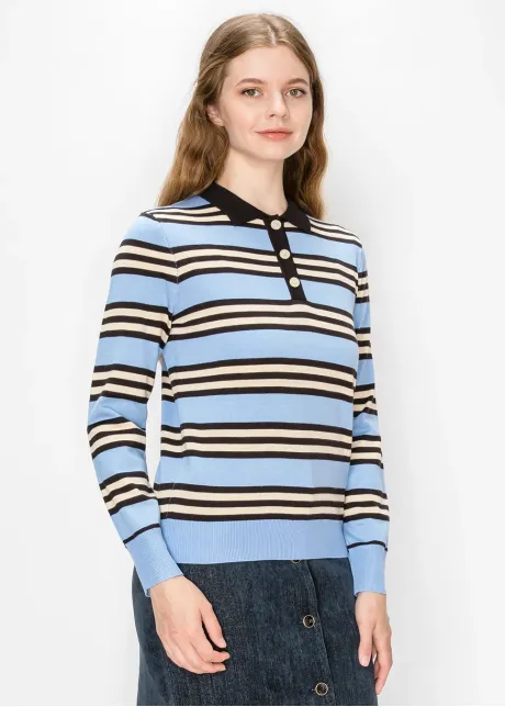 Striped Polo Sweater in Light Blue