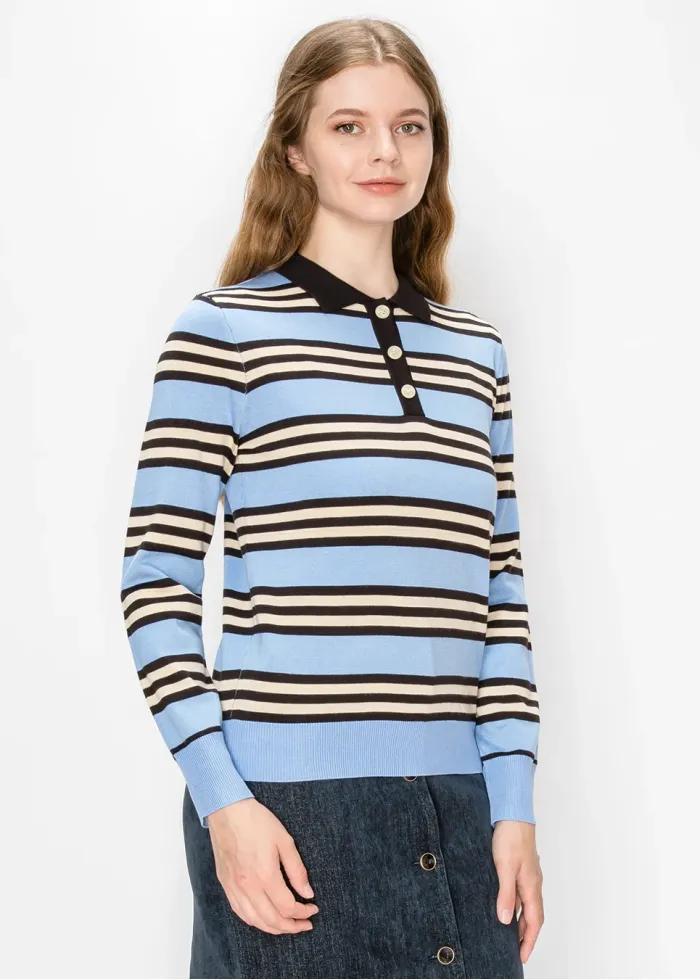 Striped Polo Sweater in Light Blue