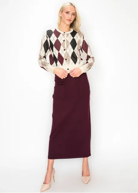 Argyle Cardigan in Cream and Burgundy