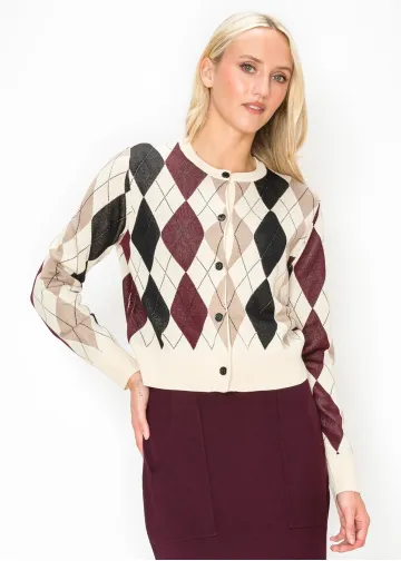 Argyle Cardigan in Cream and Burgundy