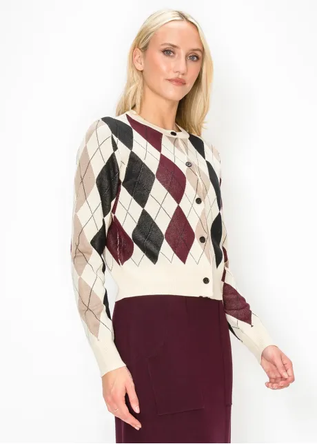 Argyle Cardigan in Cream and Burgundy