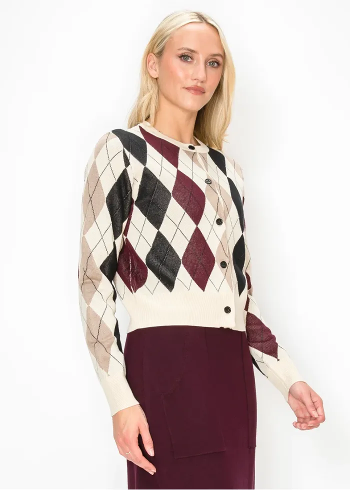 Argyle Cardigan in Cream and Burgundy