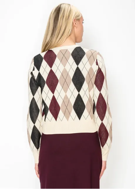 Argyle Cardigan in Cream and Burgundy