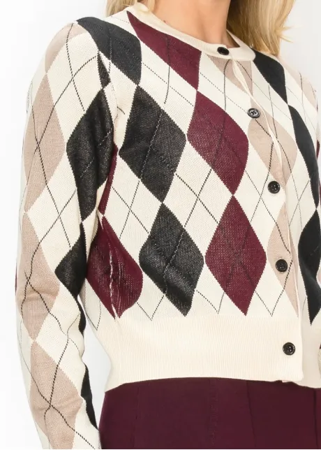Argyle Cardigan in Cream and Burgundy