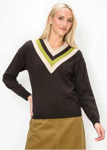 Brown V Neck Sweater with Chevron Trim