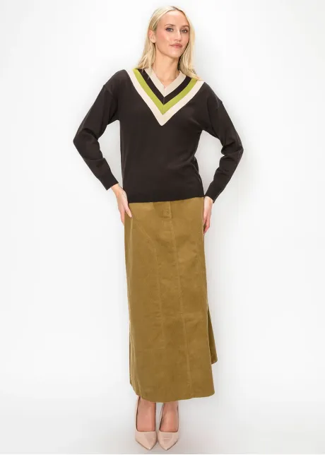 Brown V Neck Sweater with Chevron Trim