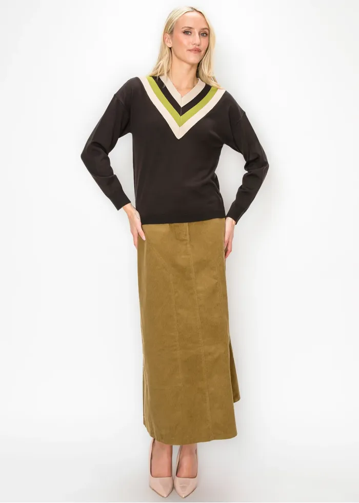Brown V Neck Sweater with Chevron Trim