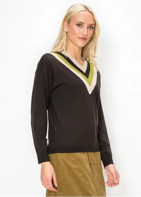 Brown V Neck Sweater with Chevron Trim