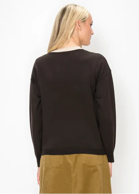 Brown V Neck Sweater with Chevron Trim