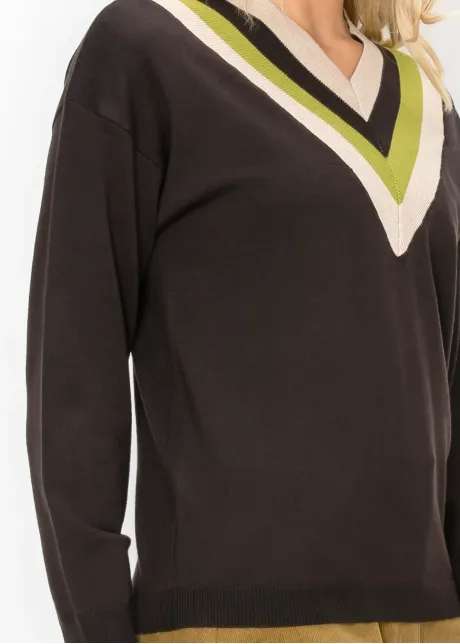 Brown V Neck Sweater with Chevron Trim