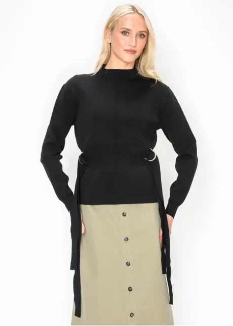 Belted Knit Top with Gold Rings and Mock Neck