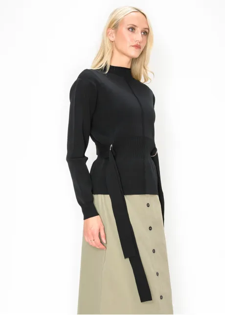 Belted Knit Top with Gold Rings and Mock Neck