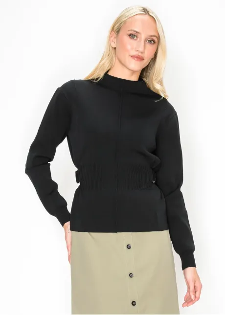 Belted Knit Top with Gold Rings and Mock Neck
