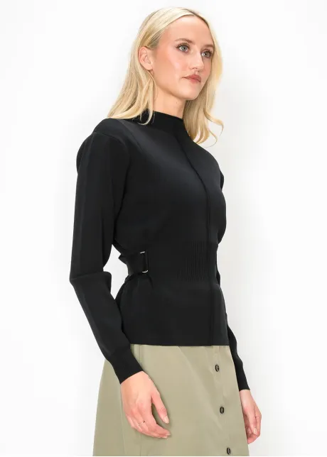 Belted Knit Top with Gold Rings and Mock Neck