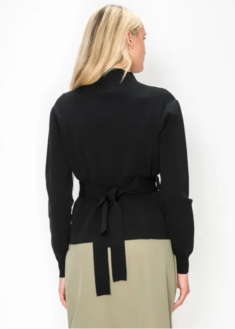 Belted Knit Top with Gold Rings and Mock Neck