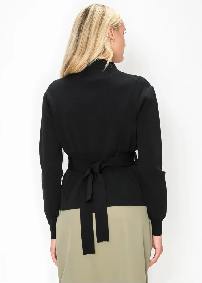 Belted Knit Top with Gold Rings and Mock Neck