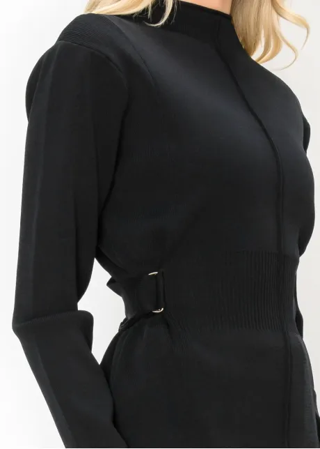 Belted Knit Top with Gold Rings and Mock Neck