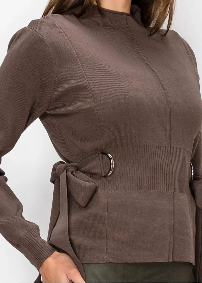 Brown Sweater with D-Ring Tie Waist Detail