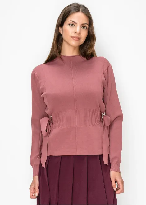 Rose Pink Mock Neck Sweater, Belted Waist