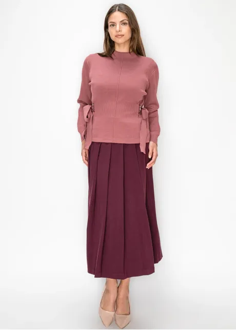 Rose Pink Mock Neck Sweater, Belted Waist