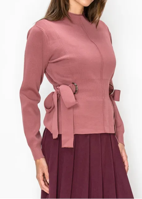 Rose Pink Mock Neck Sweater, Belted Waist