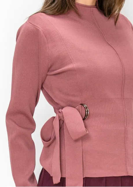 Rose Pink Mock Neck Sweater, Belted Waist