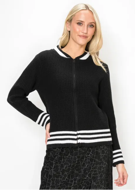 Black Zip Cardigan with White Stripe Ribbing