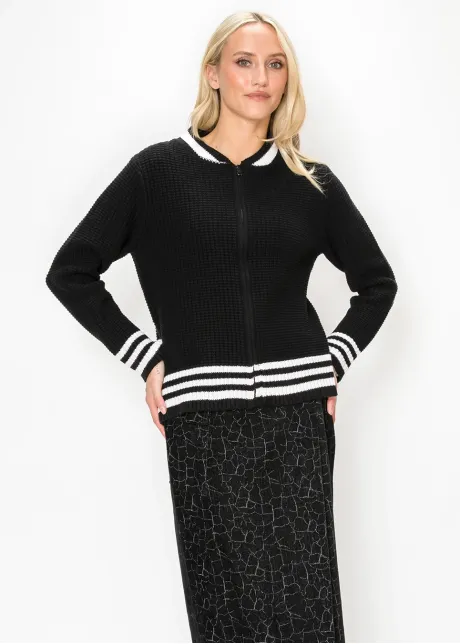 Black Zip Cardigan with White Stripe Ribbing
