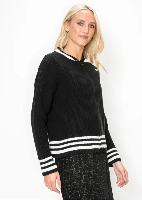 Black Zip Cardigan with White Stripe Ribbing