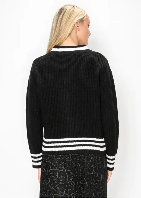 Black Zip Cardigan with White Stripe Ribbing