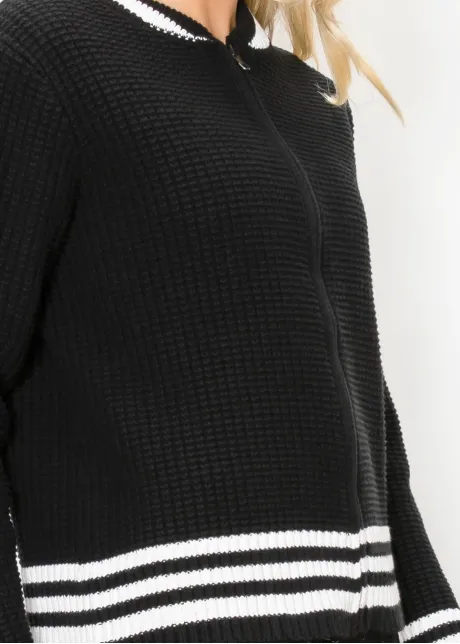 Black Zip Cardigan with White Stripe Ribbing