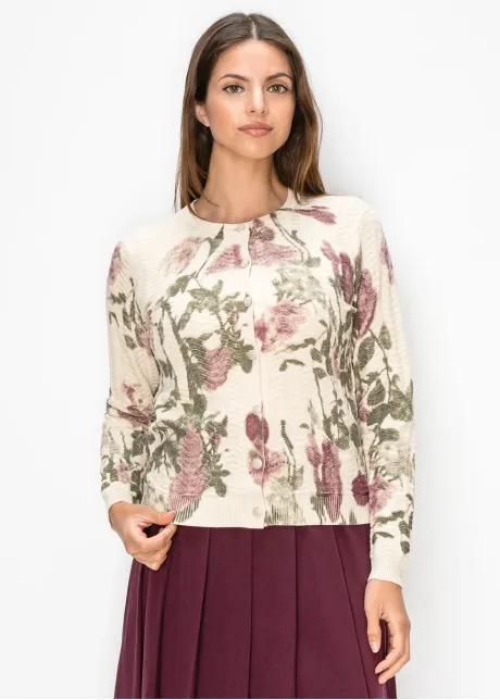 Floral Print Textured Knit Cardigan in Cream