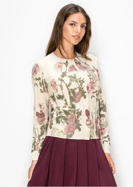Floral Print Textured Knit Cardigan in Cream