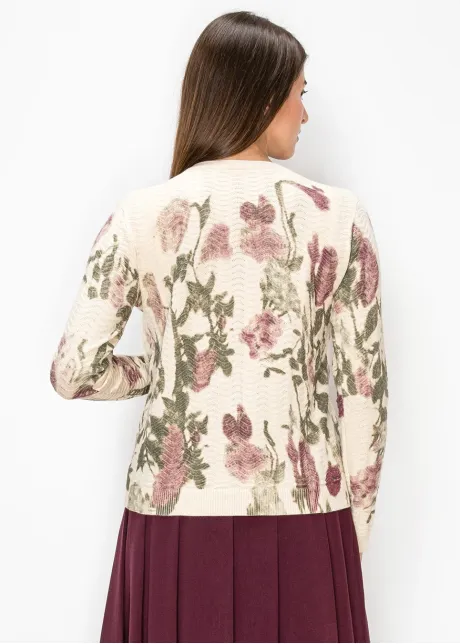 Floral Print Textured Knit Cardigan in Cream