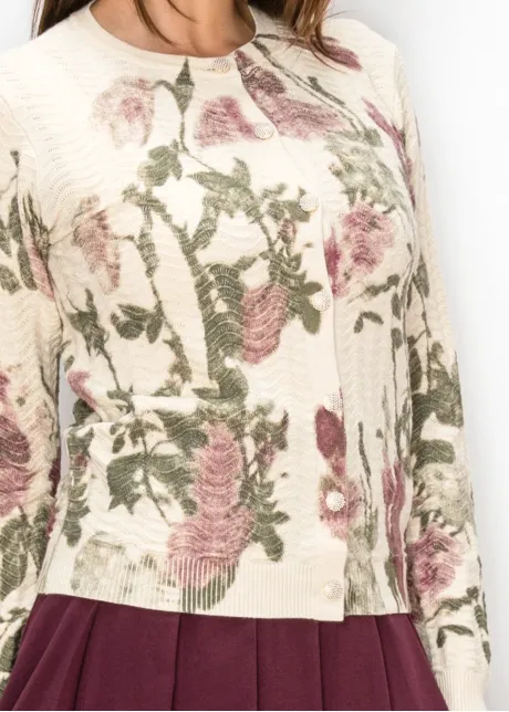 Floral Print Textured Knit Cardigan in Cream