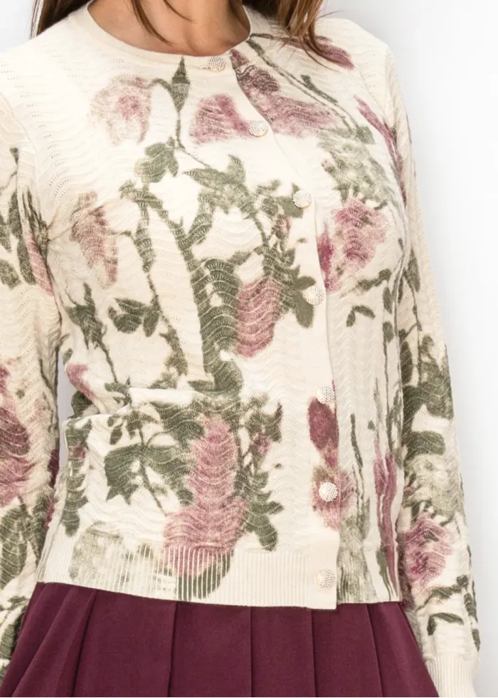 Floral Print Textured Knit Cardigan in Cream