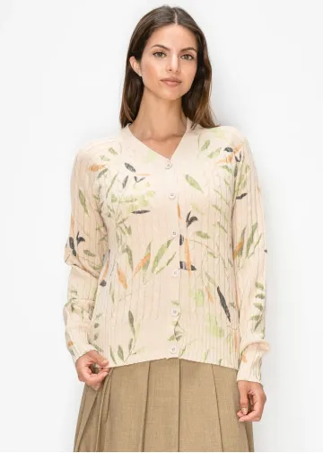 Leaf Print Cable Knit Cardigan