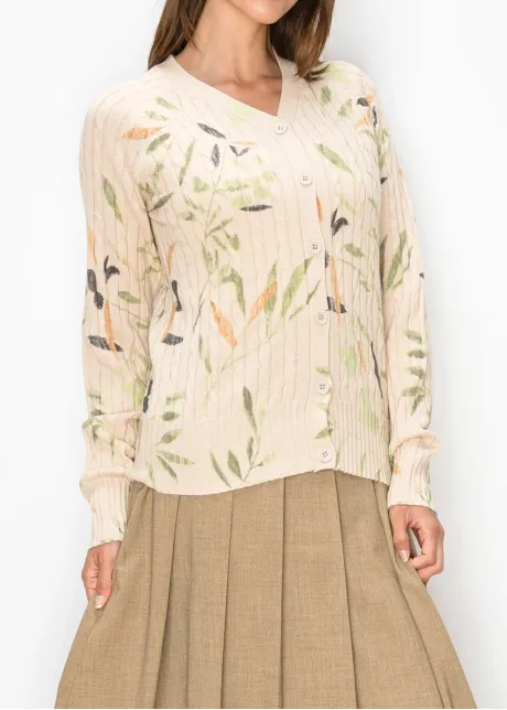 Leaf Print Cable Knit Cardigan