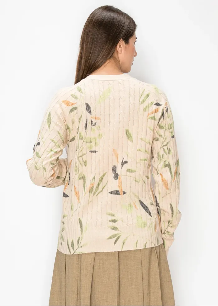 Leaf Print Cable Knit Cardigan