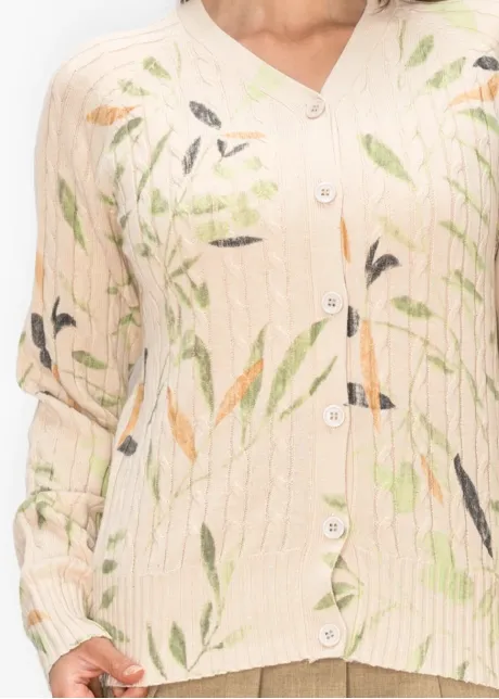 Leaf Print Cable Knit Cardigan