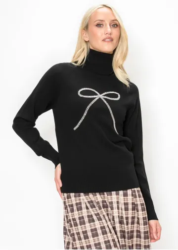 Black Knit Turtleneck with Silver Bow