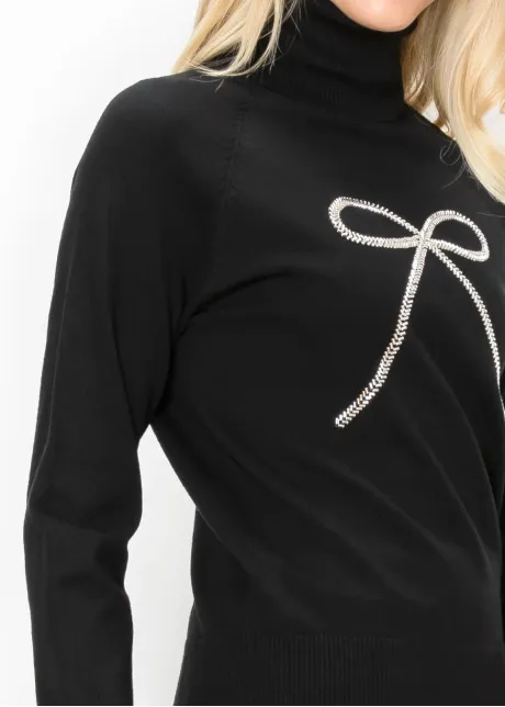 Black Knit Turtleneck with Silver Bow
